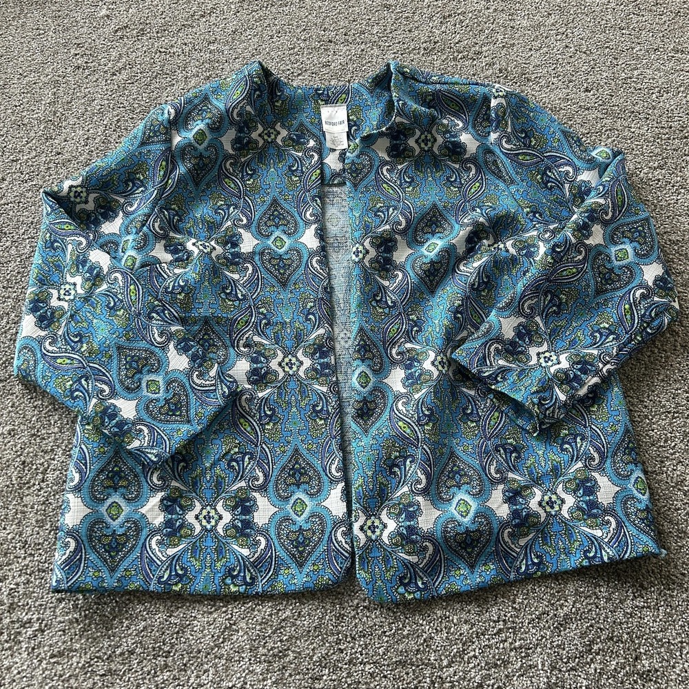 Bedford Fair Jacket Womens 24W Blue Paisley Open Collarless Unlined 3/4 Sleeve
